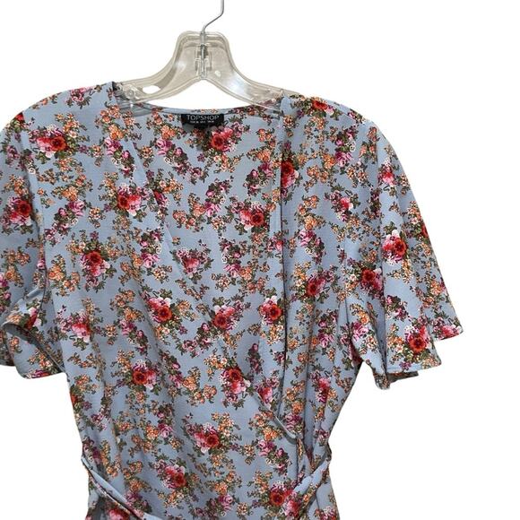 Topshop Confetti Floral Wrap Tea Dress Light Blue Multicolor Size 6 - Picture 6 of 9